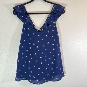 Large Xhilaration Blue Strawberry Print Blouse With Embroidered Detail